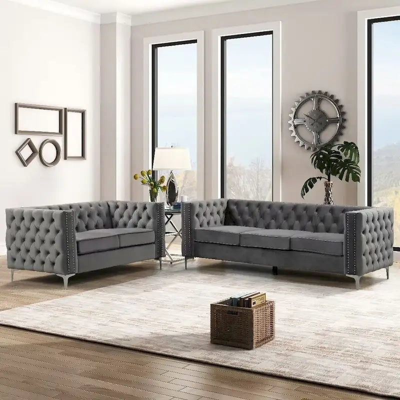 Morden Fort modernes 2-teiliges Zweisitzer- und Sofaset mit beigem Samtbezug und Eisenbeinen