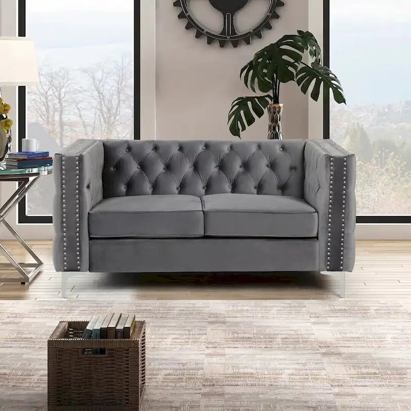 Morden Fort modernes 2-teiliges Zweisitzer- und Sofaset mit beigem Samtbezug und Eisenbeinen