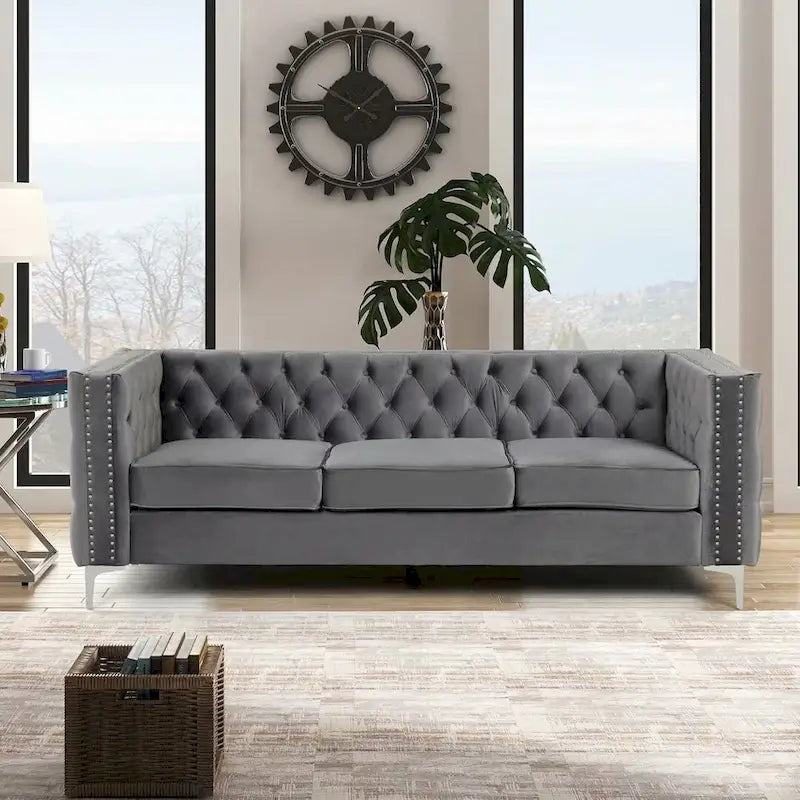 Morden Fort modernes 2-teiliges Zweisitzer- und Sofaset mit beigem Samtbezug und Eisenbeinen