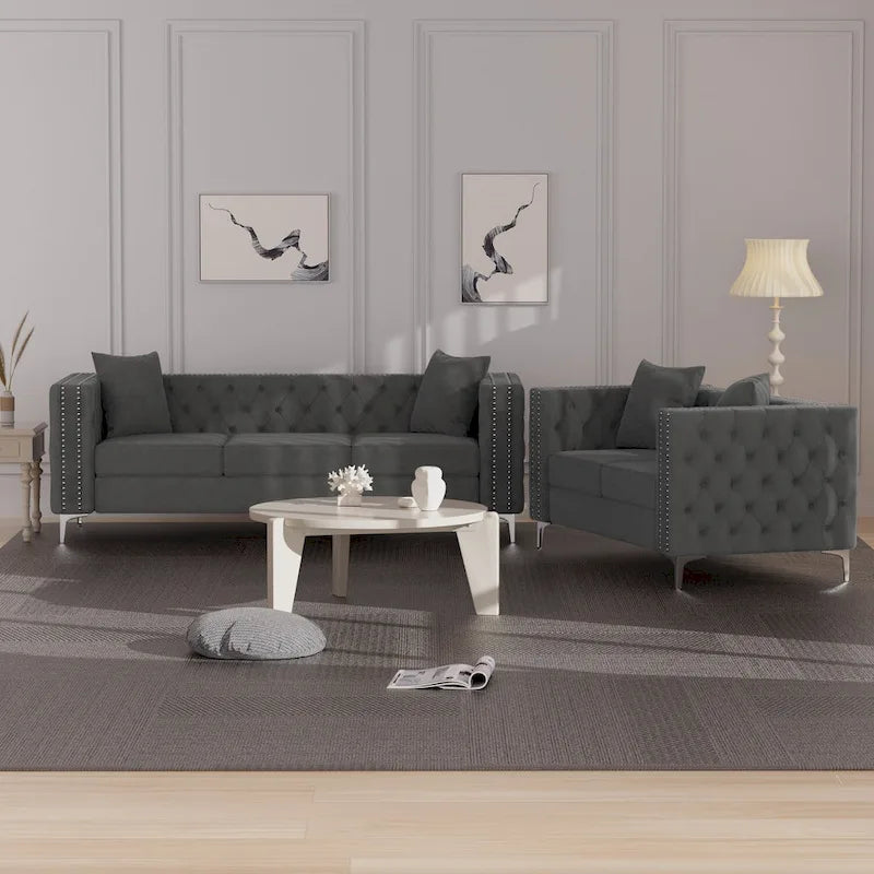 Morden Fort modernes 2-teiliges Zweisitzer- und Sofaset mit beigem Samtbezug und Eisenbeinen