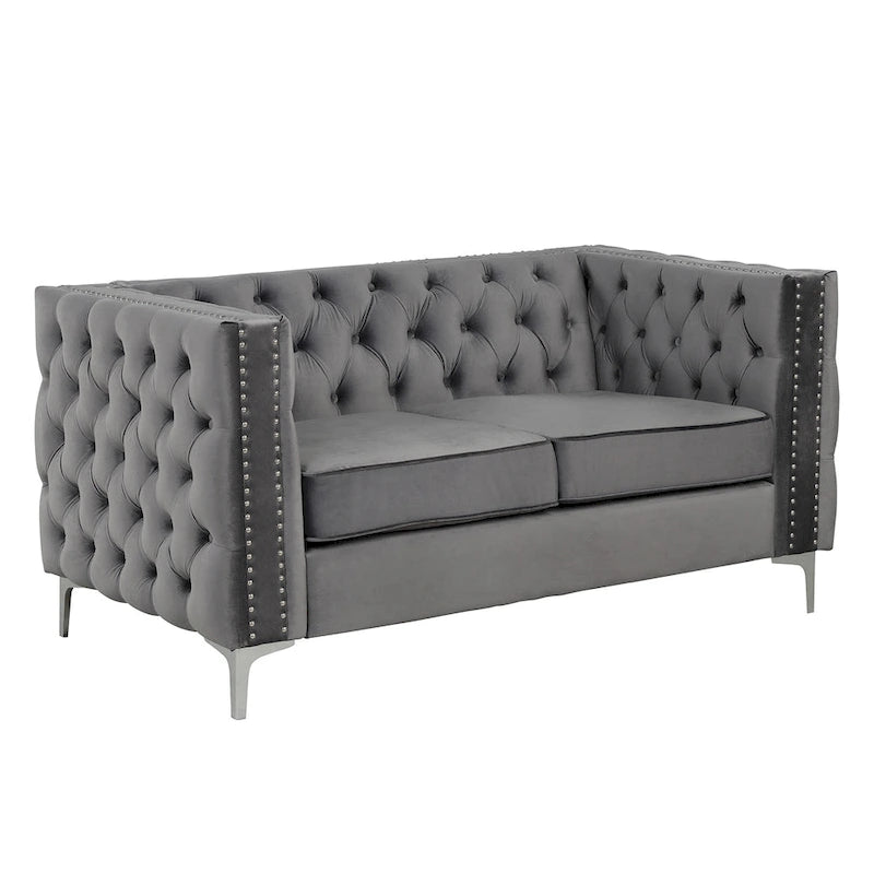 Morden Fort modernes 2-teiliges Zweisitzer- und Sofaset mit beigem Samtbezug und Eisenbeinen