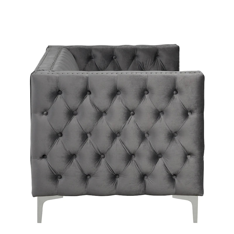 Morden Fort modernes 2-teiliges Zweisitzer- und Sofaset mit beigem Samtbezug und Eisenbeinen