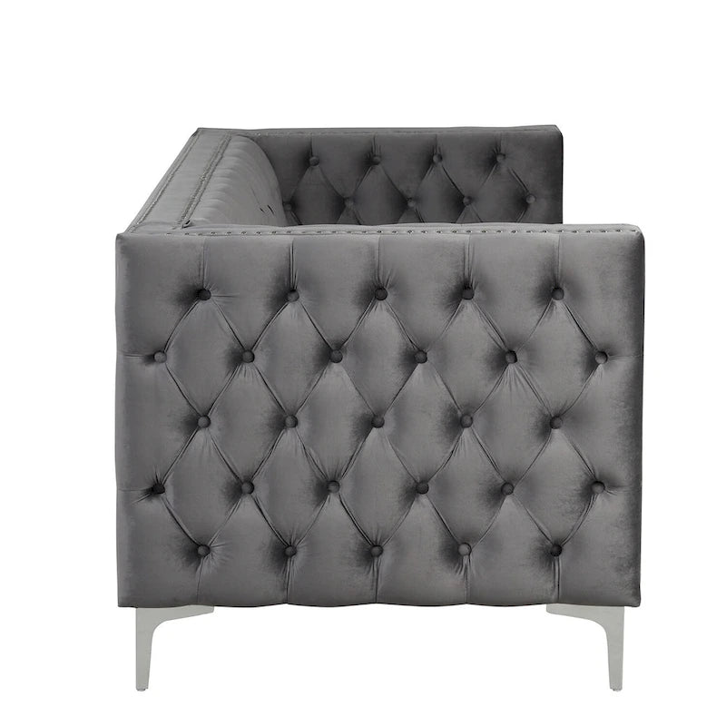 Morden Fort modernes 2-teiliges Zweisitzer- und Sofaset mit beigem Samtbezug und Eisenbeinen