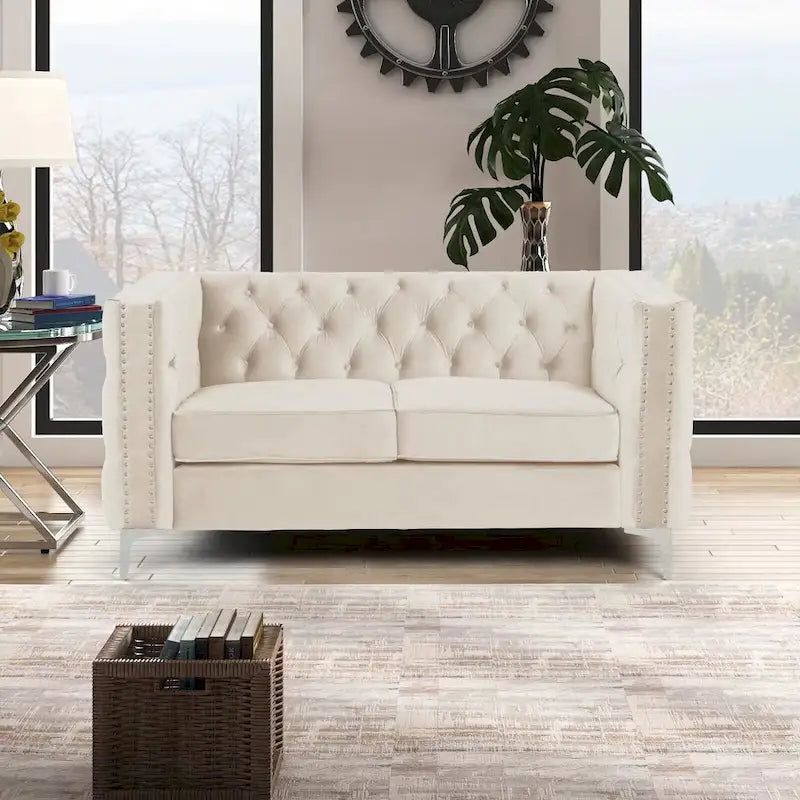 Morden Fort modernes 2-teiliges Zweisitzer- und Sofaset mit beigem Samtbezug und Eisenbeinen
