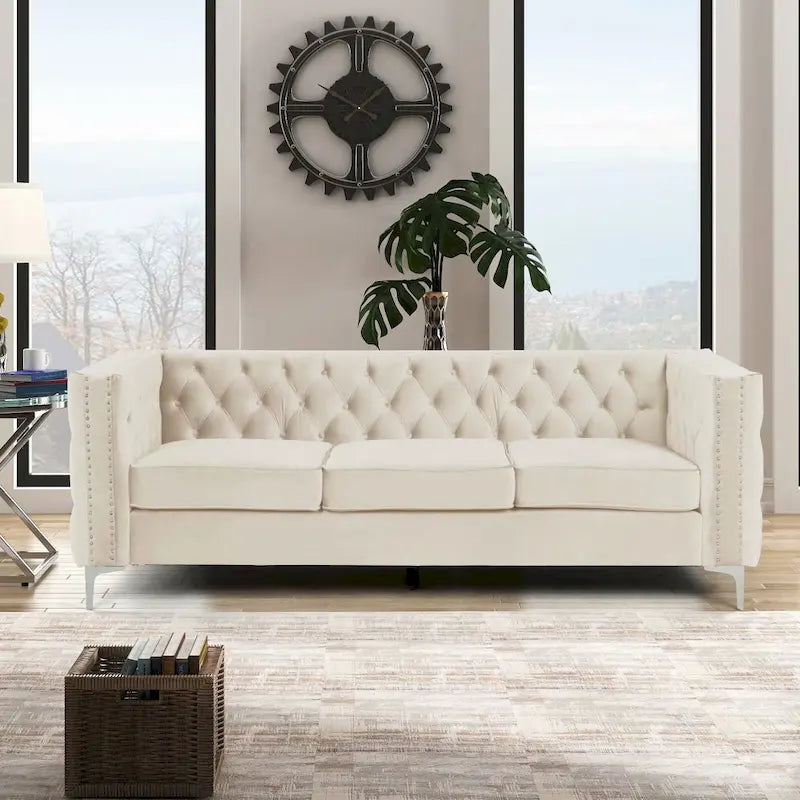 Morden Fort modernes 2-teiliges Zweisitzer- und Sofaset mit beigem Samtbezug und Eisenbeinen