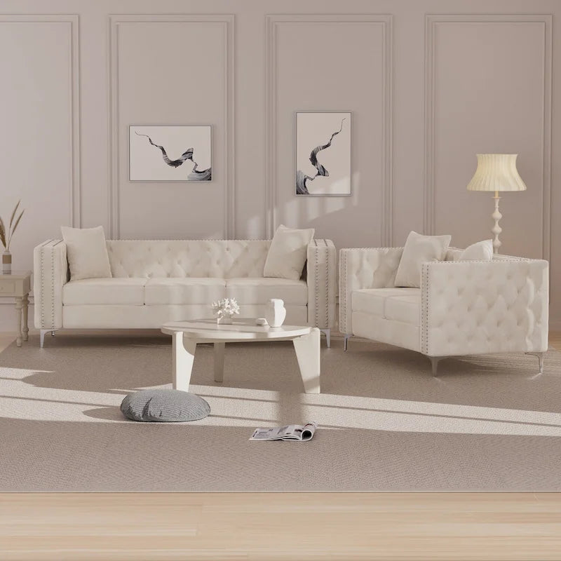 Morden Fort modernes 2-teiliges Zweisitzer- und Sofaset mit beigem Samtbezug und Eisenbeinen
