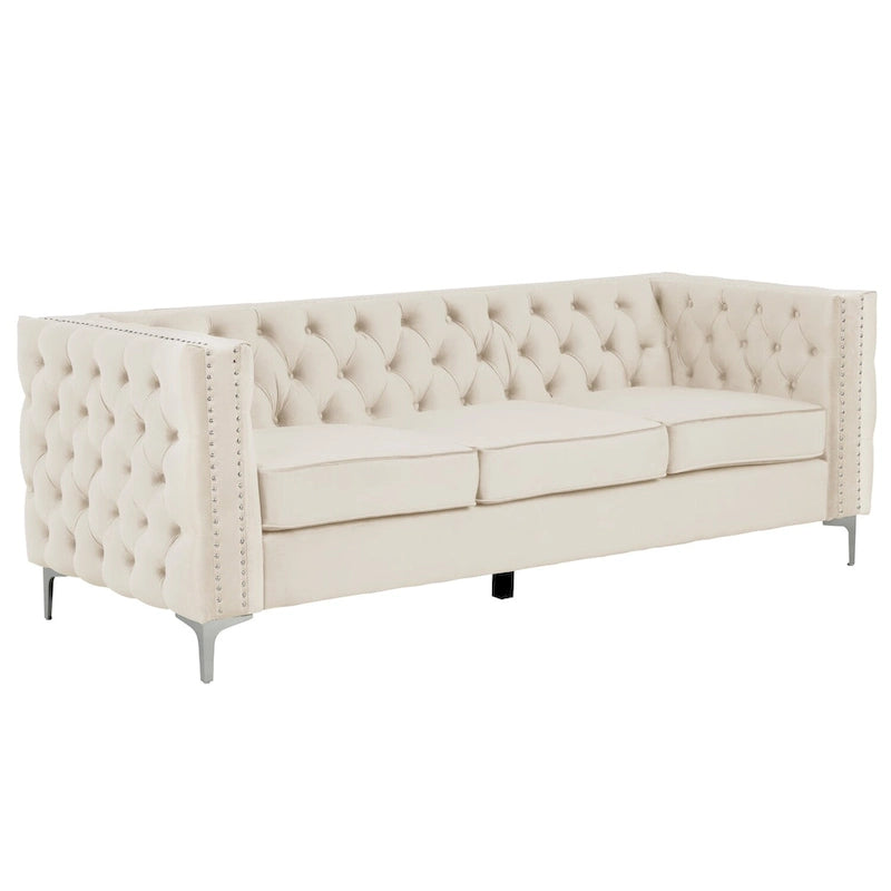Morden Fort modernes 2-teiliges Zweisitzer- und Sofaset mit beigem Samtbezug und Eisenbeinen