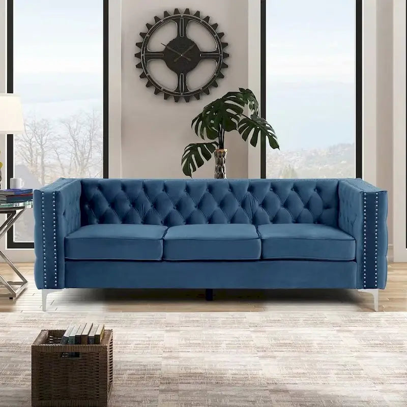 Morden Fort modernes 2-teiliges Zweisitzer- und Sofaset mit beigem Samtbezug und Eisenbeinen