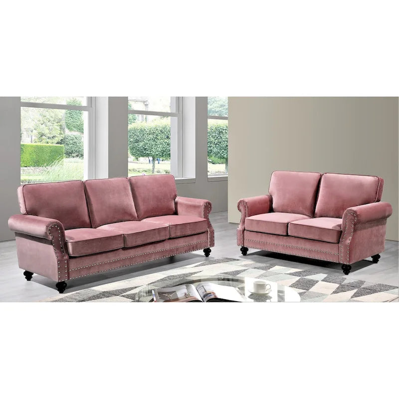2-elementowy zestaw Suffield z aksamitną tapicerką i ozdobnymi ćwiekami — sofa dwuosobowa i sofa