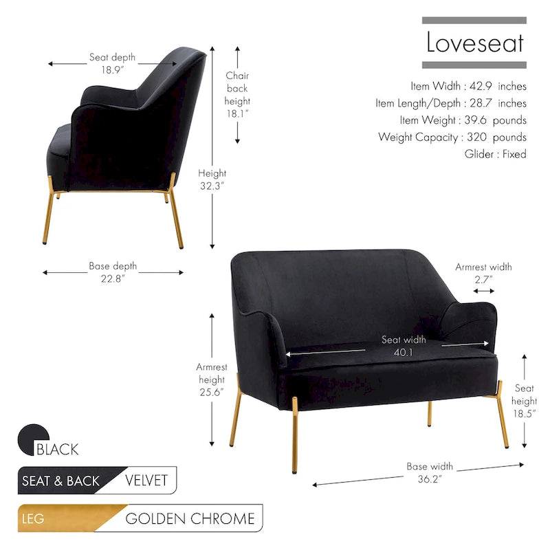Porthos Home Kyler Zweisitzer-Sofa, Samtbezug, Beine in Goldchrom