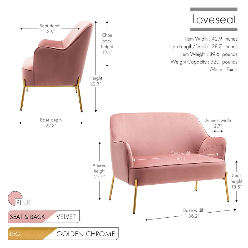 Porthos Home Kyler Zweisitzer-Sofa, Samtbezug, Beine in Goldchrom