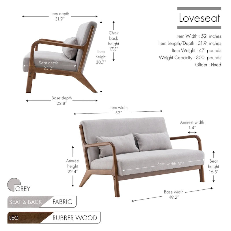 Porthos Home Juno kleiner Loveseat aus Stoff, Couch-Sofa mit Kissen und Rahmen aus Gummibaumholz