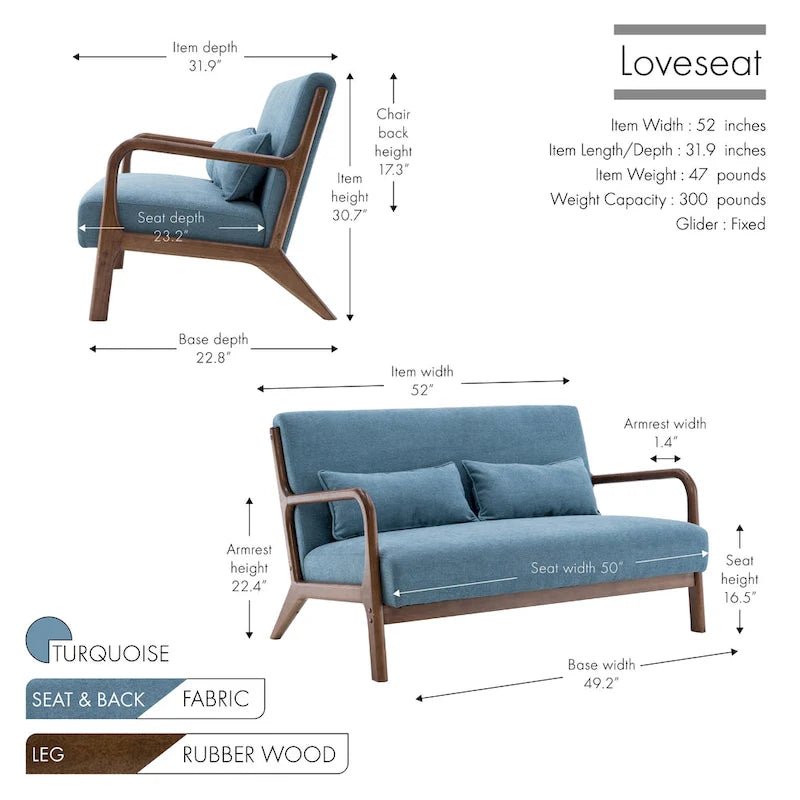 Porthos Home Juno kleiner Loveseat aus Stoff, Couch-Sofa mit Kissen und Rahmen aus Gummibaumholz
