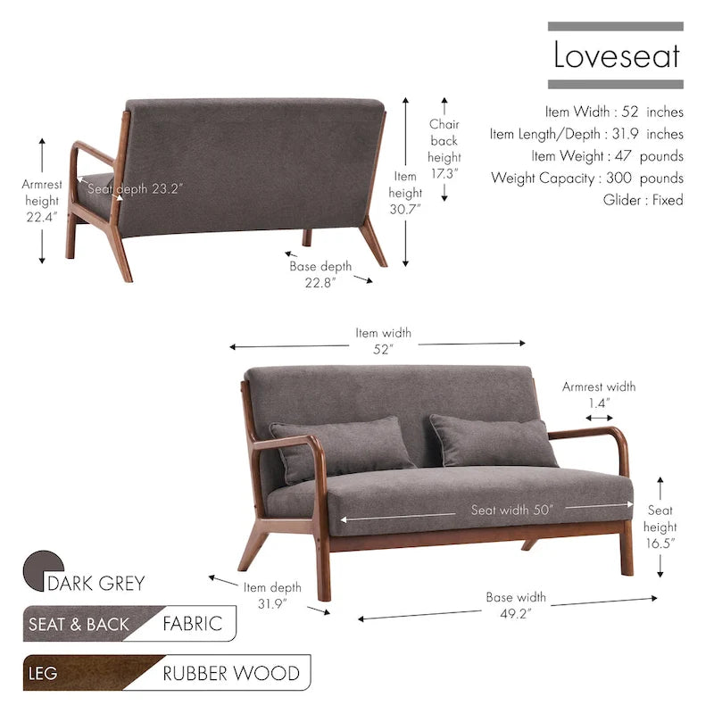 Porthos Home Juno kleiner Loveseat aus Stoff, Couch-Sofa mit Kissen und Rahmen aus Gummibaumholz