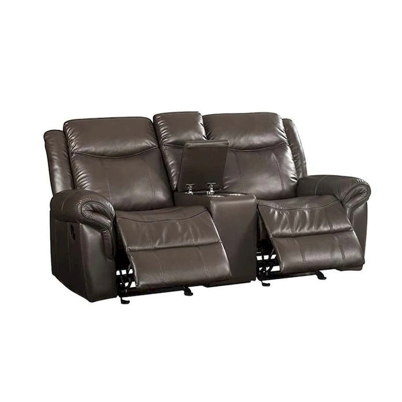 Sofá biplaza reclinable de cuero con consola y puerto USB, en color marrón