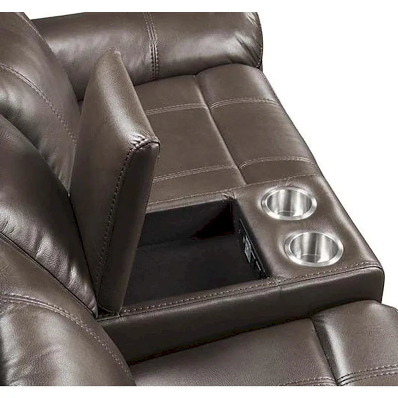Sofá biplaza reclinable de cuero con consola y puerto USB, en color marrón