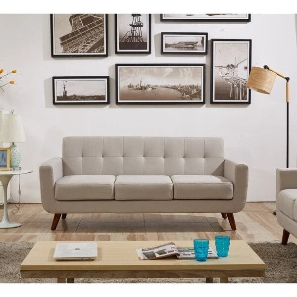 Sofá Grace Rainbeau de U.S. Pride Furniture, tapizado en lino, capitoné y estilo moderno de mediados de siglo