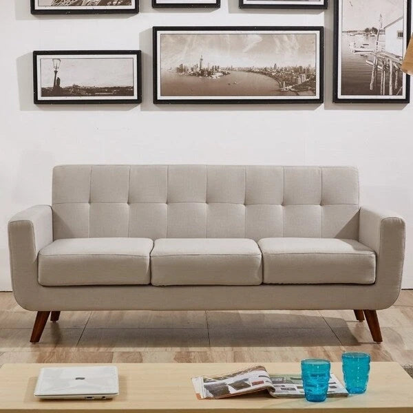 Sofá Grace Rainbeau de U.S. Pride Furniture, tapizado en lino, capitoné y estilo moderno de mediados de siglo