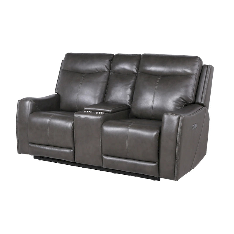 Sofá biplaza reclinable eléctrico Newport de cuero flor superior con consola, de Greyson Living
