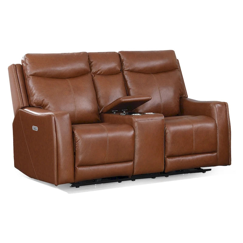 Sofá biplaza reclinable eléctrico Newport de cuero flor superior con consola, de Greyson Living
