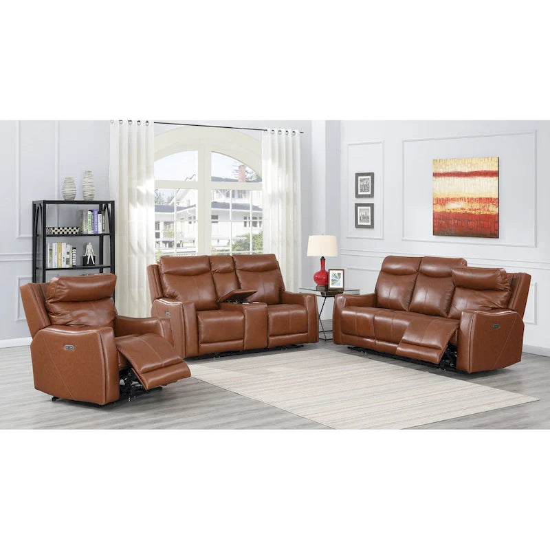 Sofá biplaza reclinable eléctrico Newport de cuero flor superior con consola, de Greyson Living