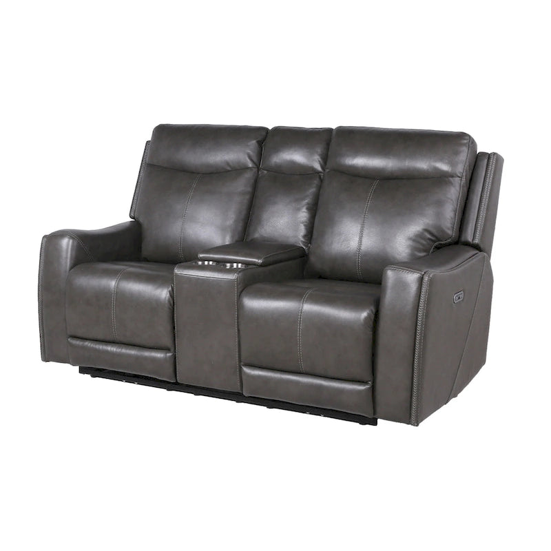 Sofá biplaza reclinable eléctrico Newport de cuero flor superior con consola, de Greyson Living