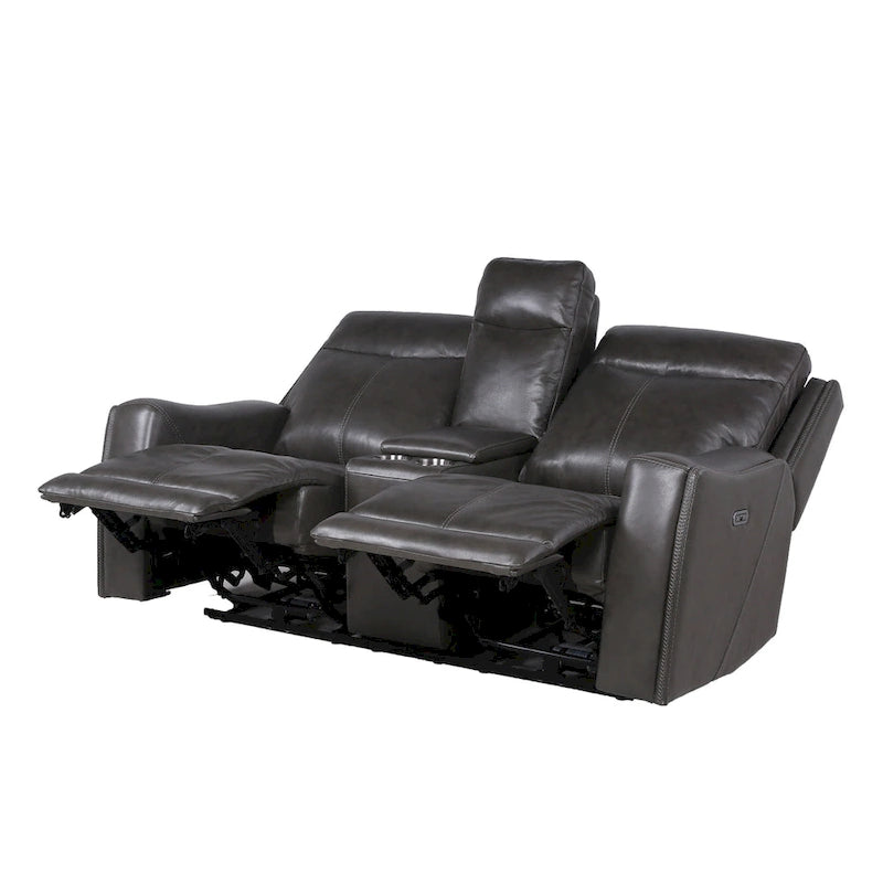 Sofá biplaza reclinable eléctrico Newport de cuero flor superior con consola, de Greyson Living
