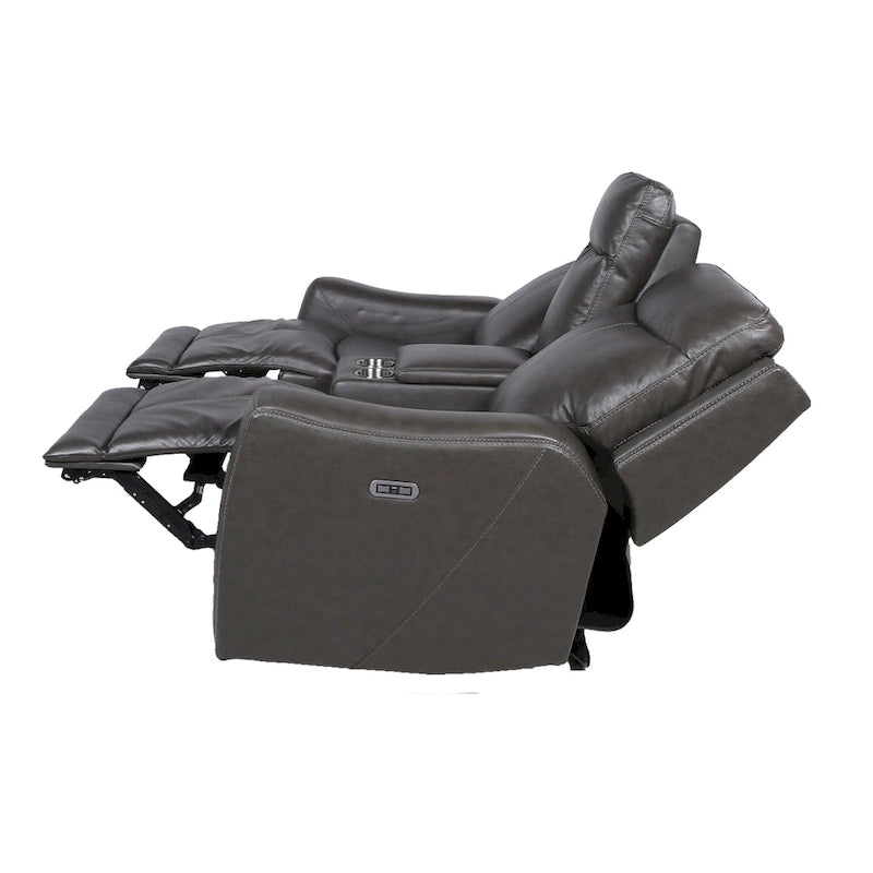 Sofá biplaza reclinable eléctrico Newport de cuero flor superior con consola, de Greyson Living