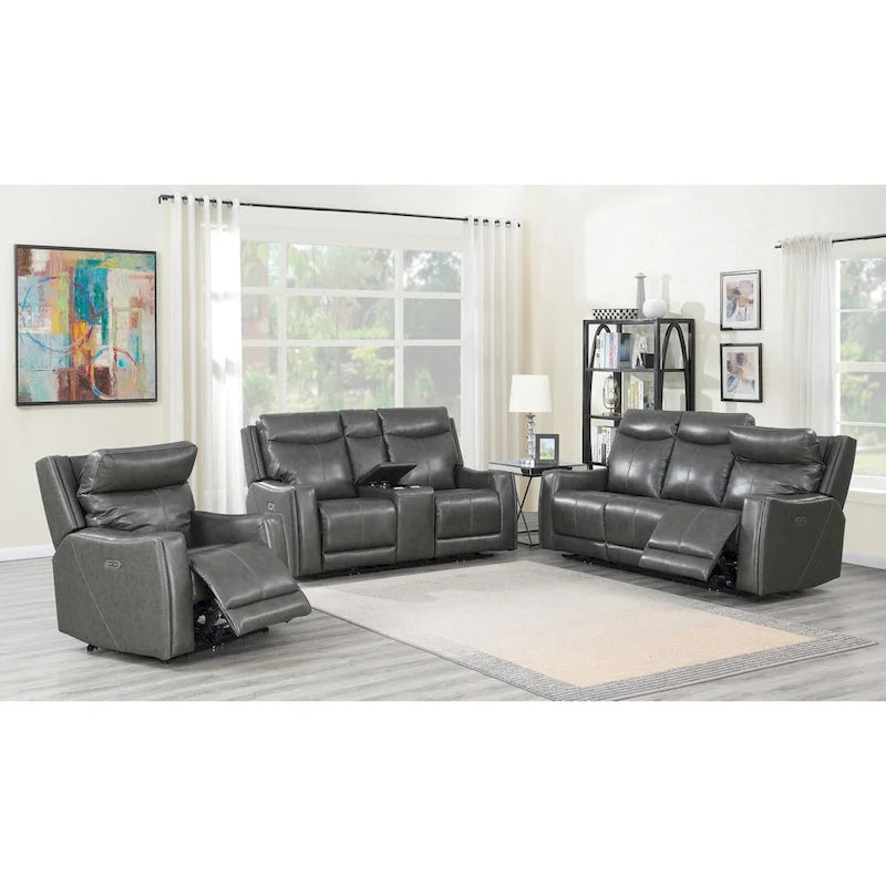 Sofá biplaza reclinable eléctrico Newport de cuero flor superior con consola, de Greyson Living