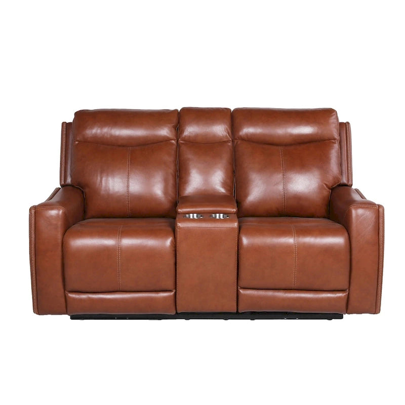 Sofá biplaza reclinable eléctrico Newport de cuero flor superior con consola, de Greyson Living