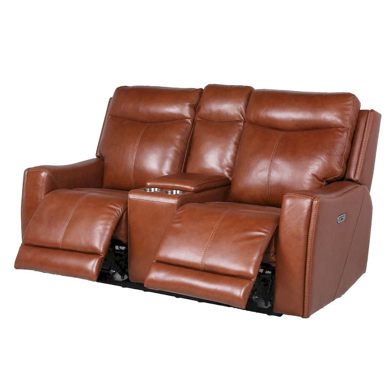 Sofá biplaza reclinable eléctrico Newport de cuero flor superior con consola, de Greyson Living