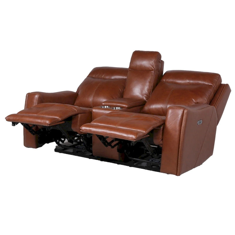 Sofá biplaza reclinable eléctrico Newport de cuero flor superior con consola, de Greyson Living