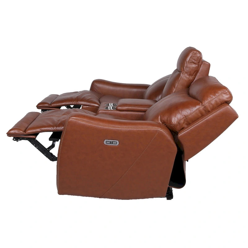 Sofá biplaza reclinable eléctrico Newport de cuero flor superior con consola, de Greyson Living