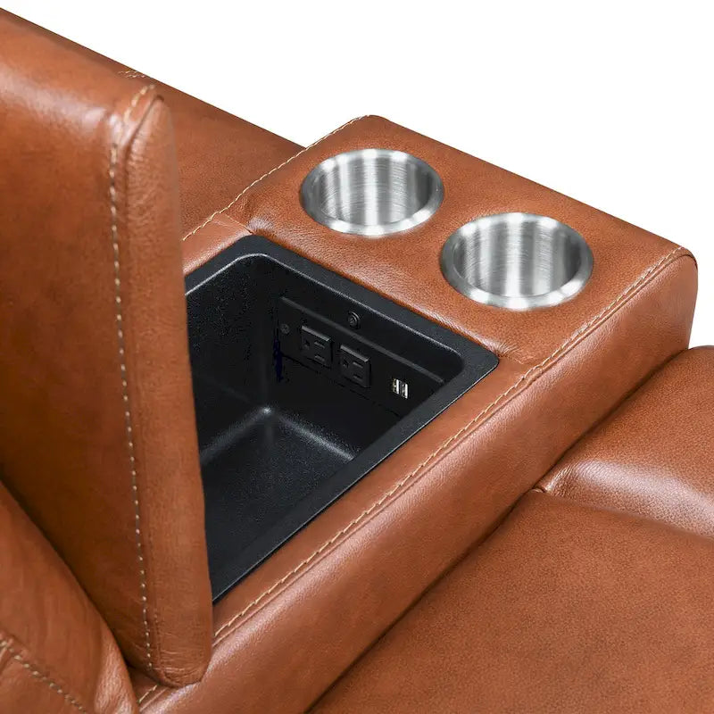 Sofá biplaza reclinable eléctrico Newport de cuero flor superior con consola, de Greyson Living