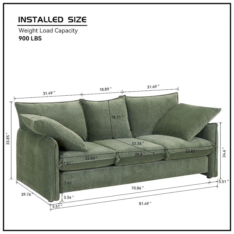 Mid-Century Modern 3-Seater Soft Sofa for Living Room, Apartment, Lounge, Bedroom