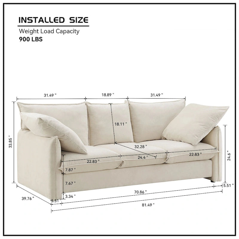 Mid-Century Modern 3-Seater Soft Sofa for Living Room, Apartment, Lounge, Bedroom