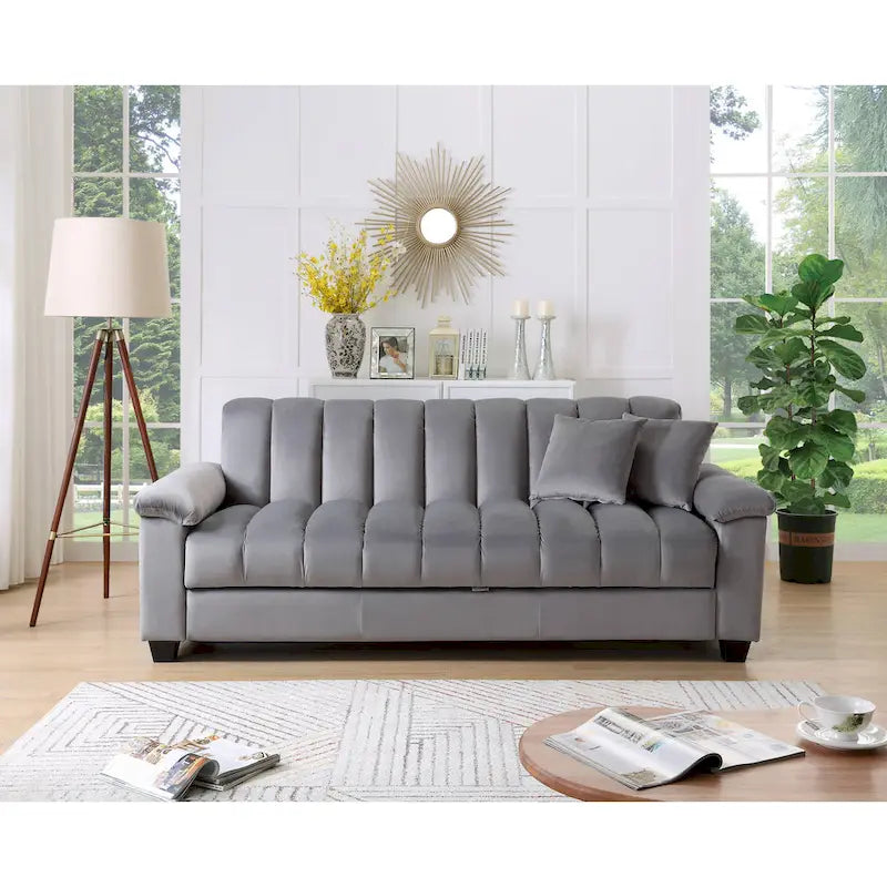 83 bequeme Schlafsofa-Bettkombination aus Samt mit Stauraum und Umwandlungsfunktion.