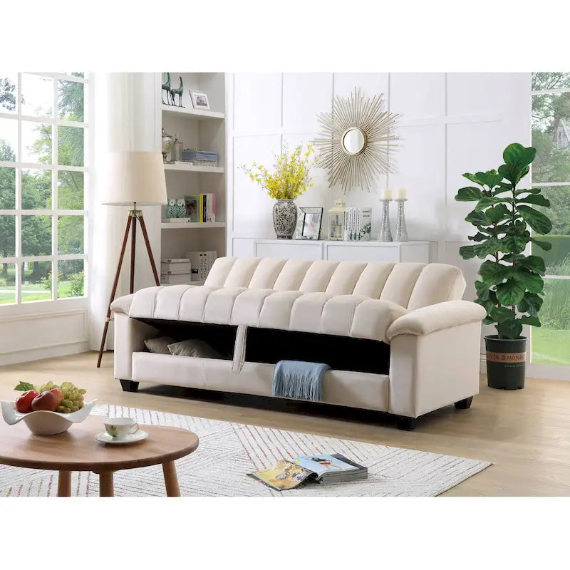 83 bequeme Schlafsofa-Bettkombination aus Samt mit Stauraum und Umwandlungsfunktion.