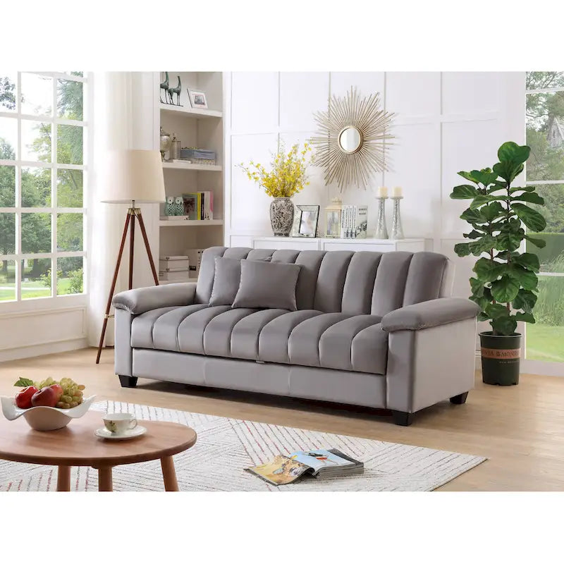 83 bequeme Schlafsofa-Bettkombination aus Samt mit Stauraum und Umwandlungsfunktion.
