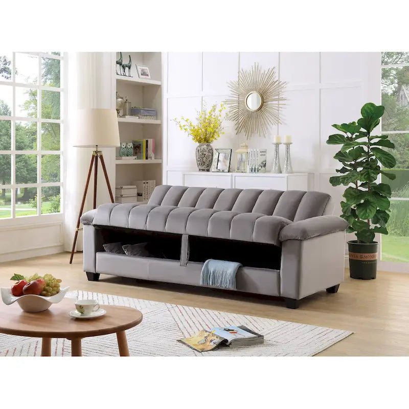 83 bequeme Schlafsofa-Bettkombination aus Samt mit Stauraum und Umwandlungsfunktion.