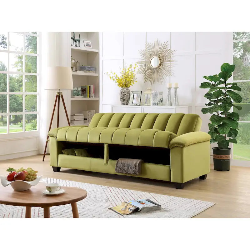 83 bequeme Schlafsofa-Bettkombination aus Samt mit Stauraum und Umwandlungsfunktion.