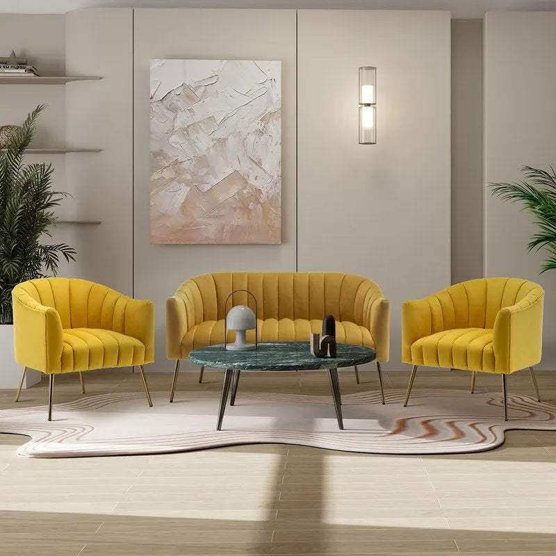 Set da soggiorno moderno SEYNAR in velluto imbottito, composto da 3 pezzi, con gambe dorate
