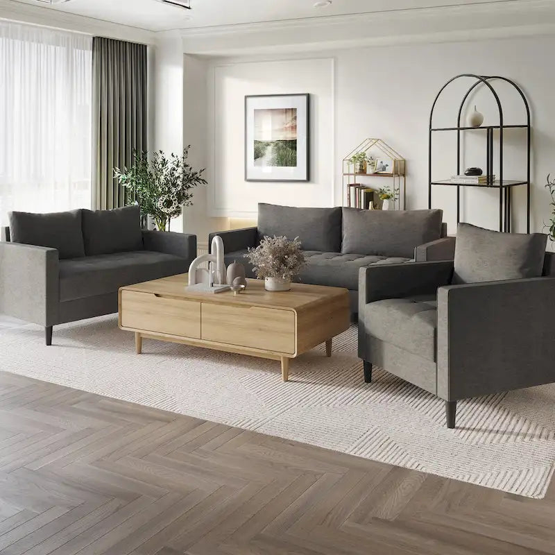 CraftPorch Contemporary Minimalist -malliston pellavaverhoiltu 3-osainen olohuonesarja