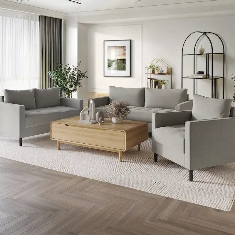CraftPorch Contemporary Minimalist -malliston pellavaverhoiltu 3-osainen olohuonesarja