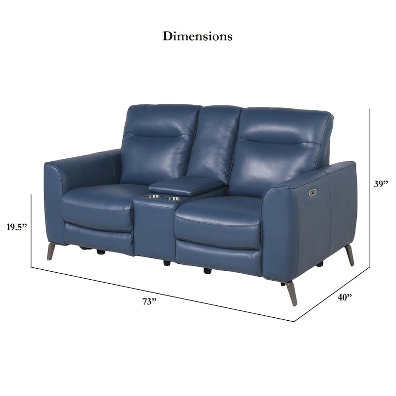Elektrisch verstellbares Loveseat mit Mittelkonsole aus blauem Ocean-Blue-Narbenleder von Steve Silver