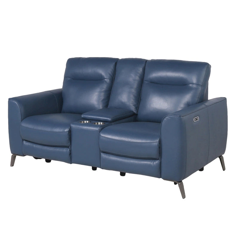 Elektrisch verstellbares Loveseat mit Mittelkonsole aus blauem Ocean-Blue-Narbenleder von Steve Silver