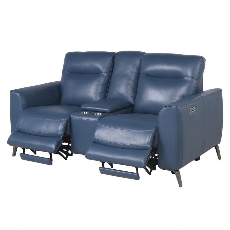 Elektrisch verstellbares Loveseat mit Mittelkonsole aus blauem Ocean-Blue-Narbenleder von Steve Silver