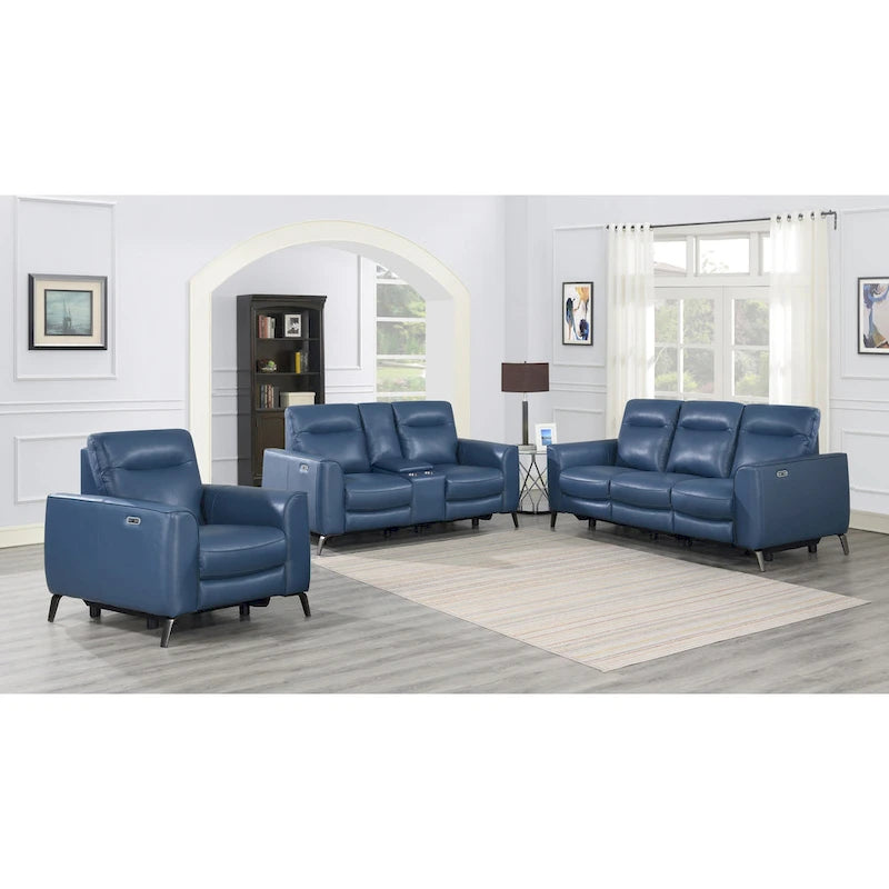 Elektrisch verstellbares Loveseat mit Mittelkonsole aus blauem Ocean-Blue-Narbenleder von Steve Silver