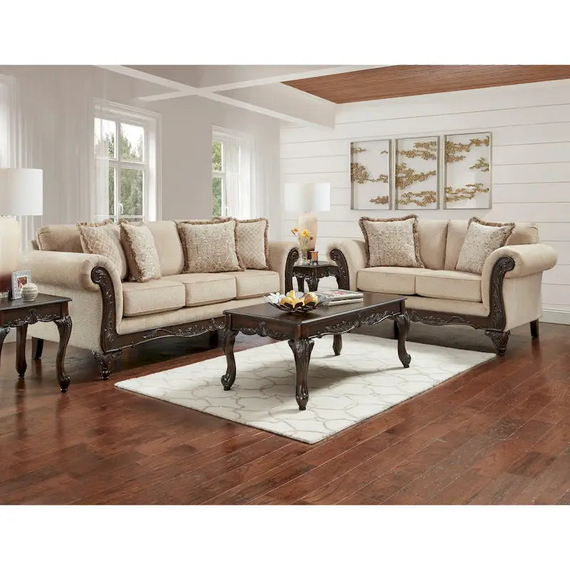 Roundhill Furniture Hernen 2-Piece Carved Wood Frame Living Room Set