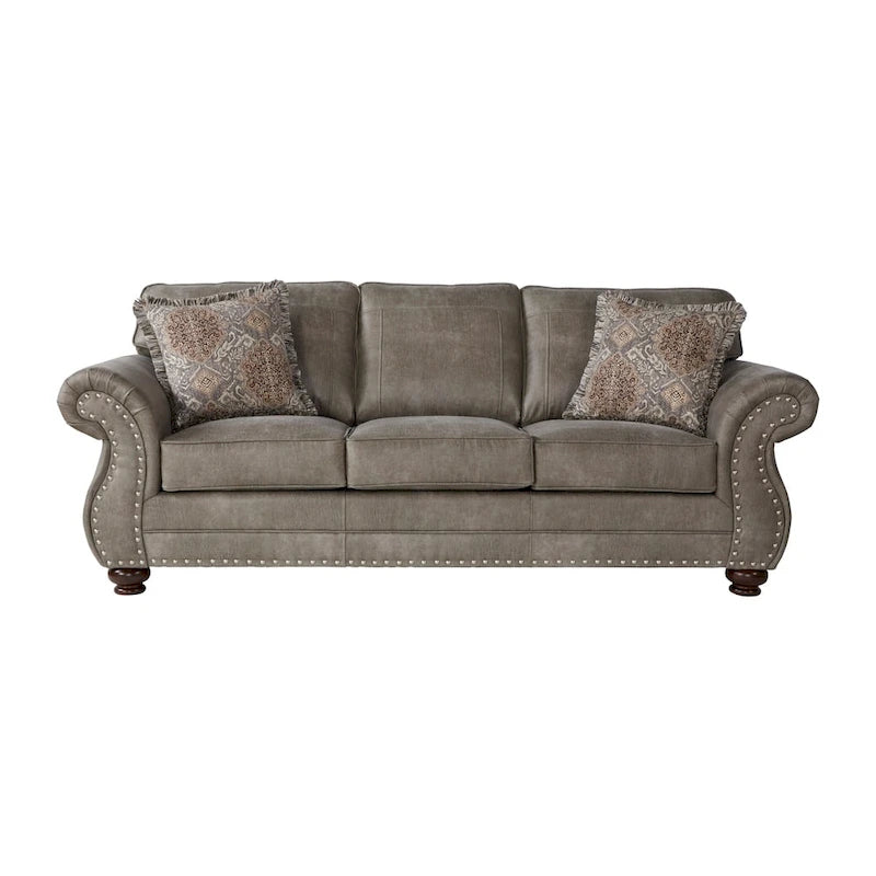 Roundhill Furniture Leinster Sofa-, Loveseat- und Sessel-Set aus Kunstleder mit Polsterung und Nagelkopfdetails in Steingrau